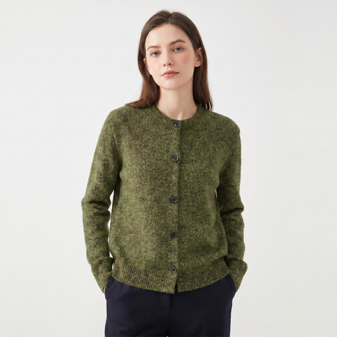 Women's Cardigan – Marl Knit Button-Through Crew Neck