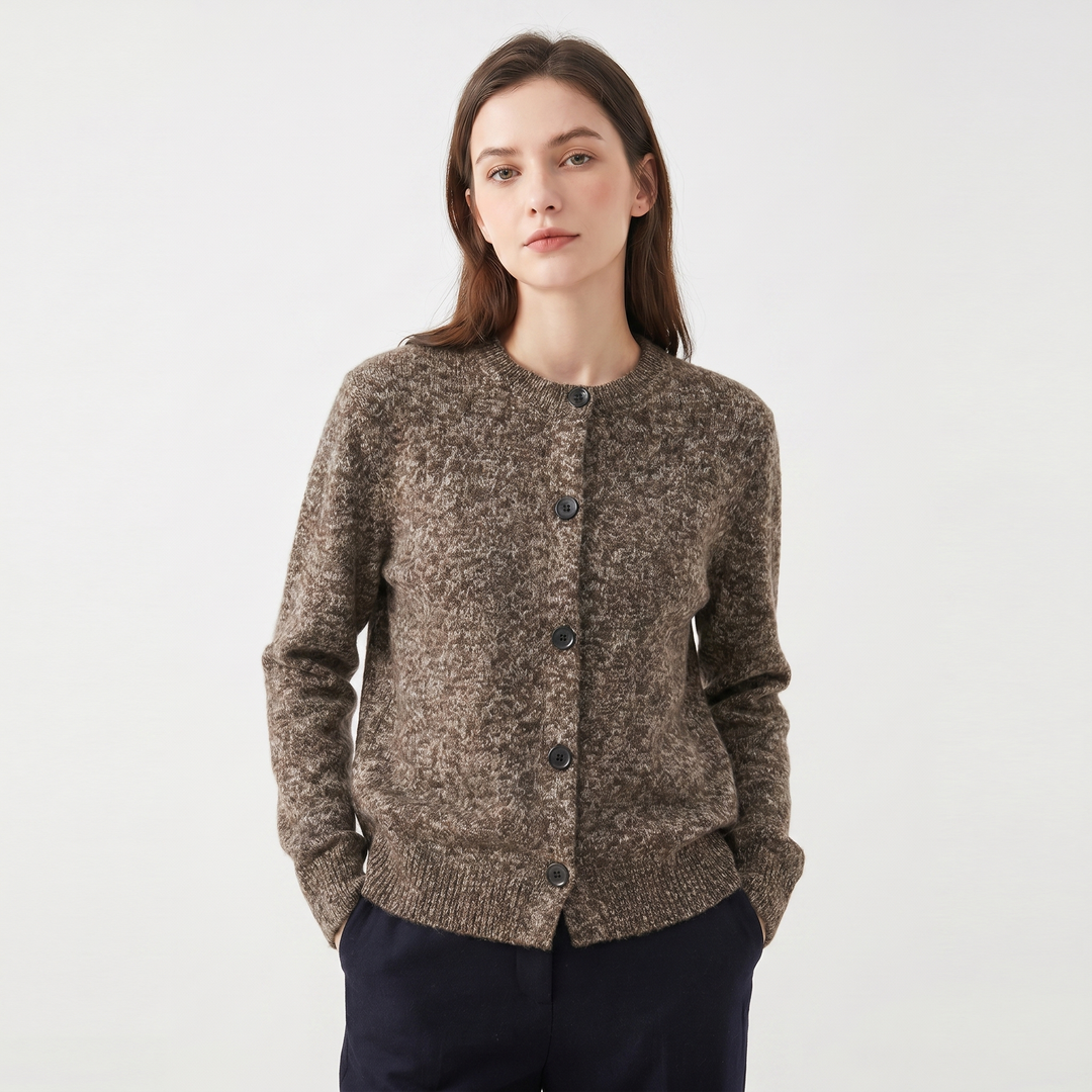 Women's Cardigan – Marl Knit Button-Through Crew Neck
