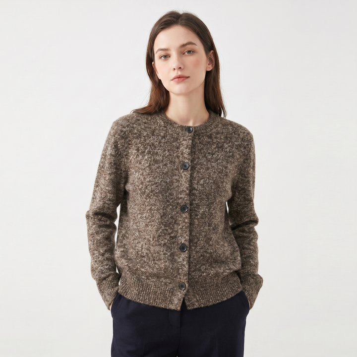Women's Cardigan – Marl Knit Button-Through Crew Neck