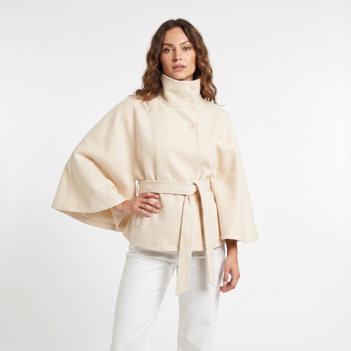 Women's Cape Jacket – Belted Wool-Look Funnel Neck Cropped