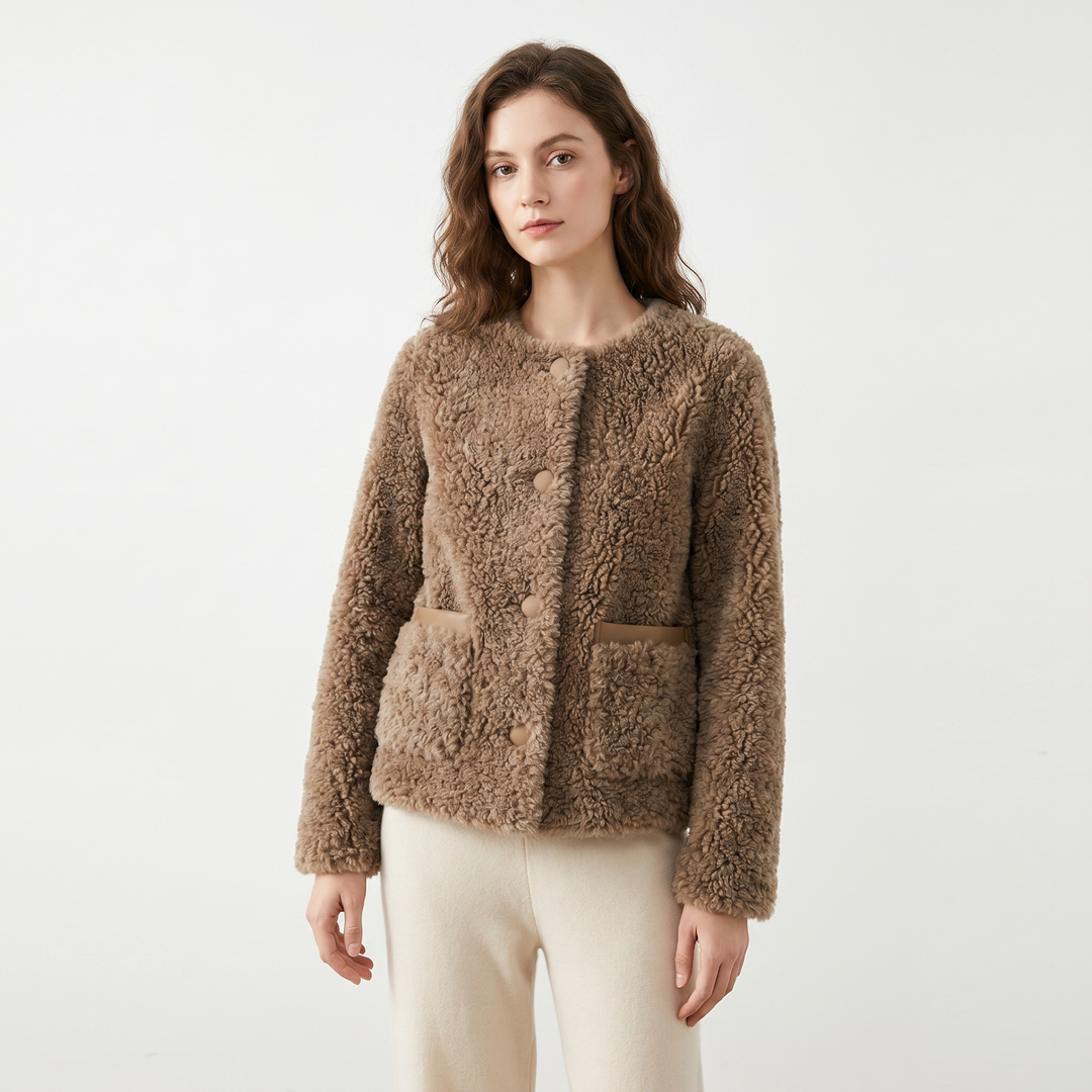 Women's Sherpa Jacket – Cropped Collarless Teddy Patch Pocket