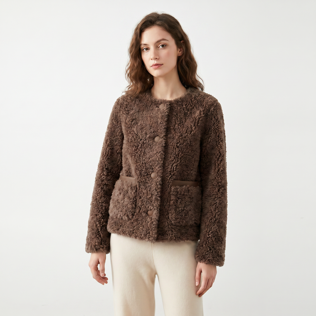 Women's Sherpa Jacket – Cropped Collarless Teddy Patch Pocket