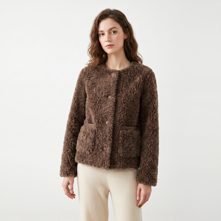 Women's Sherpa Jacket – Cropped Collarless Teddy Patch Pocket