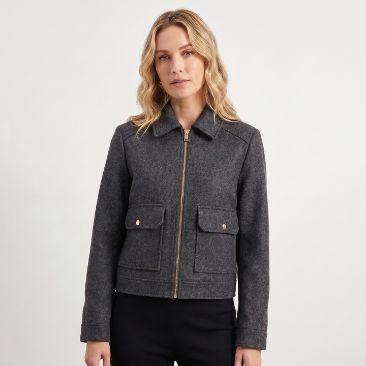 Women's Wool Jacket – Cropped Zip-Up Point Collar Gold Hardware