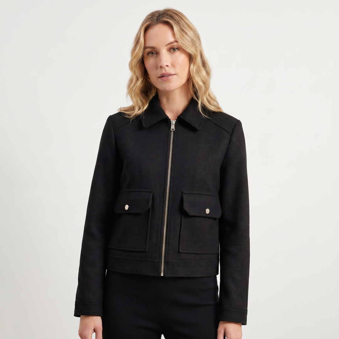 Women's Wool Jacket – Cropped Zip-Up Point Collar Gold Hardware