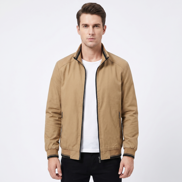 Men's Casual Jacket – Lightweight Stand Collar Zip-Up Contrast Trim