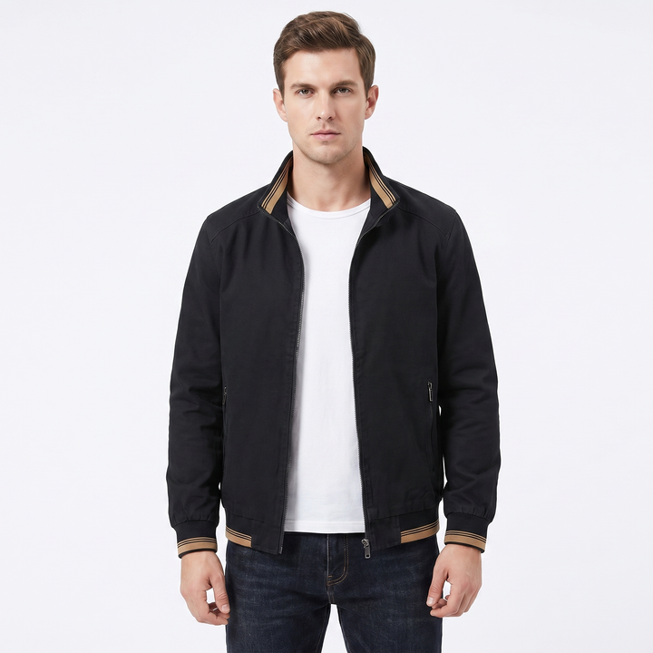 Men's Casual Jacket – Lightweight Stand Collar Zip-Up Contrast Trim