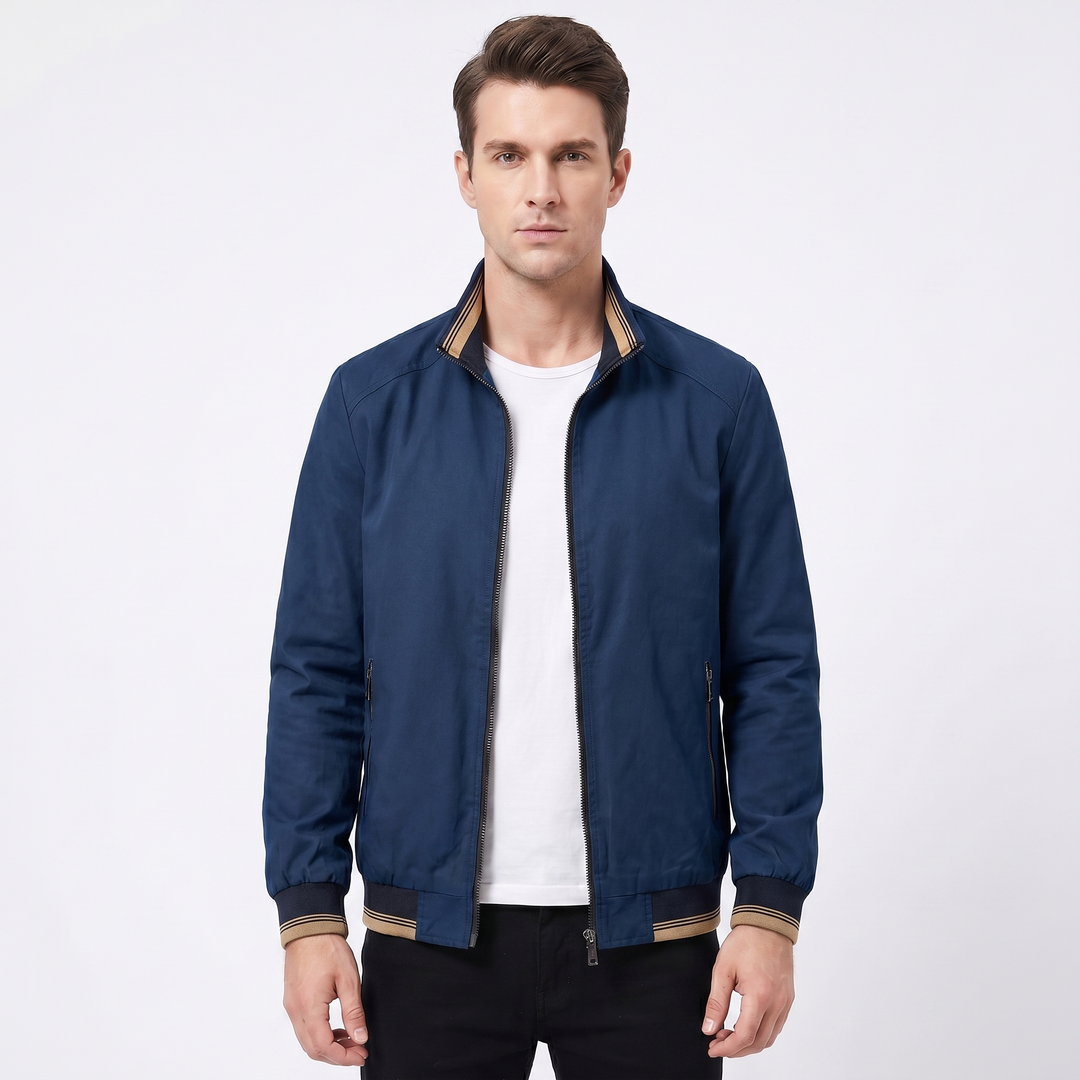 Men's Casual Jacket – Lightweight Stand Collar Zip-Up Contrast Trim