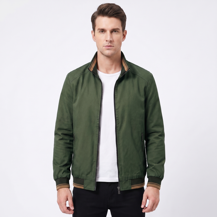 Men's Casual Jacket – Lightweight Stand Collar Zip-Up Contrast Trim