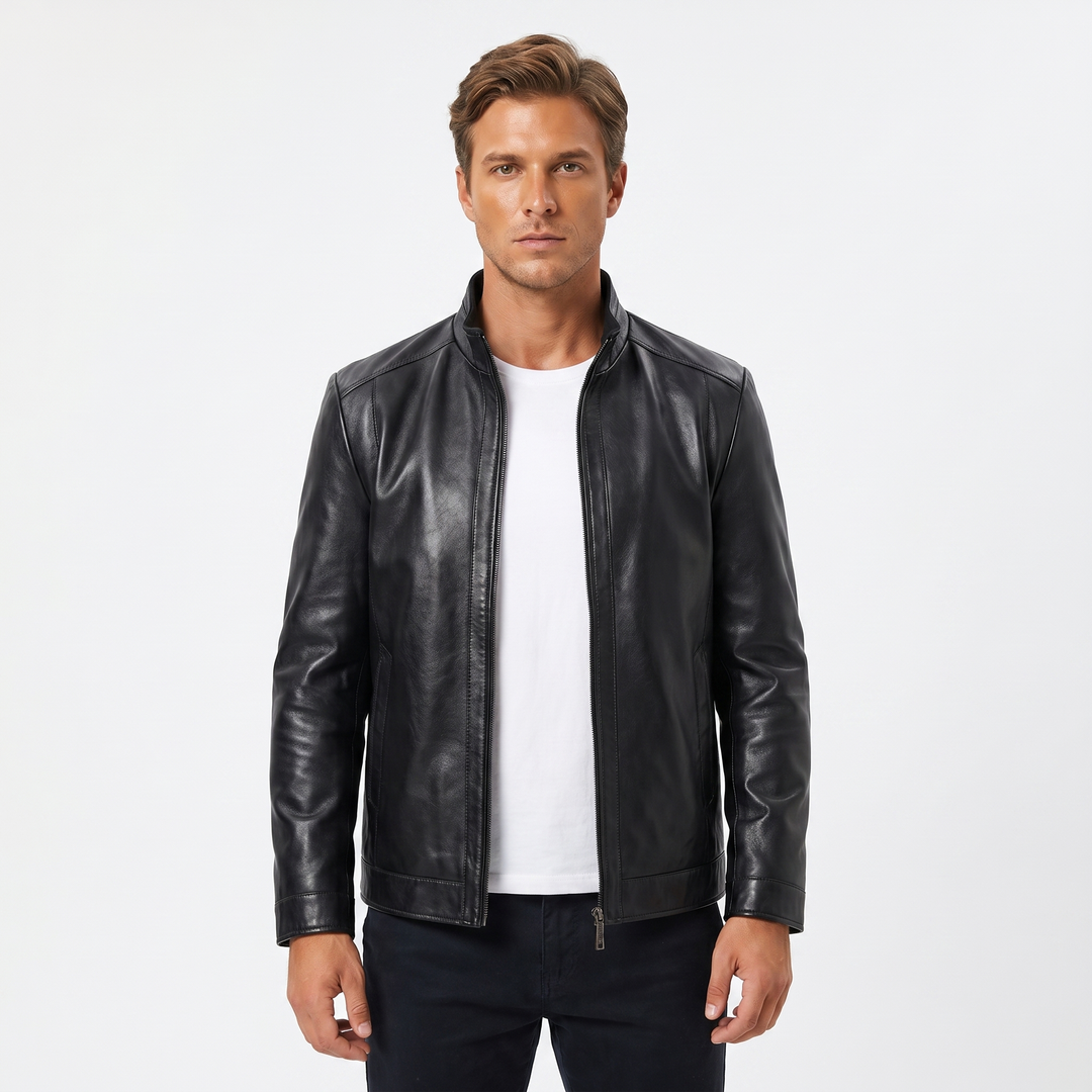 Men's Leather Jacket – Slim Fit Café Racer Band Collar Zip-Up