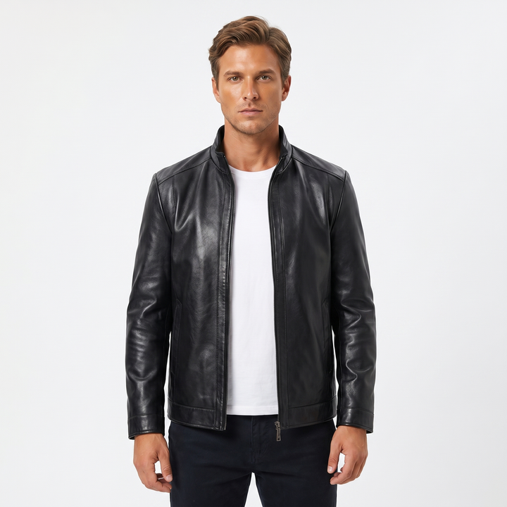 Men's Leather Jacket – Slim Fit Café Racer Band Collar Zip-Up