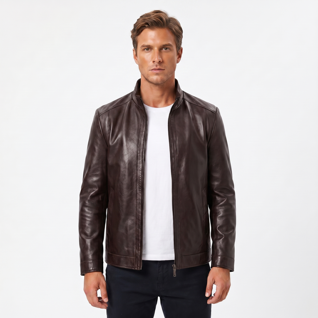 Men's Leather Jacket – Slim Fit Café Racer Band Collar Zip-Up
