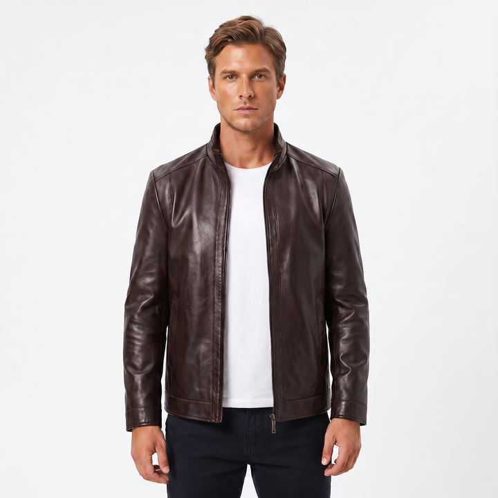 Men's Leather Jacket – Slim Fit Café Racer Band Collar Zip-Up