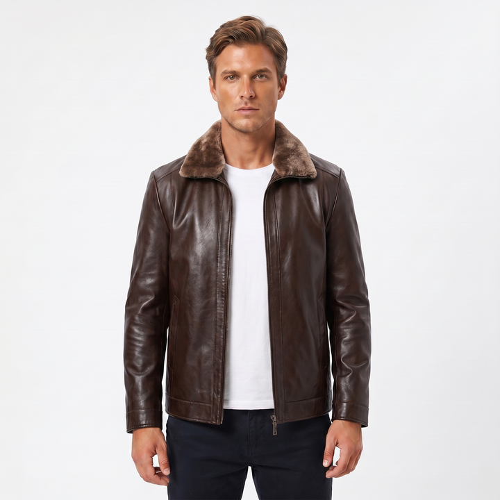 Men's Leather Jacket – Slim Fit Café Racer Band Collar Zip-Up