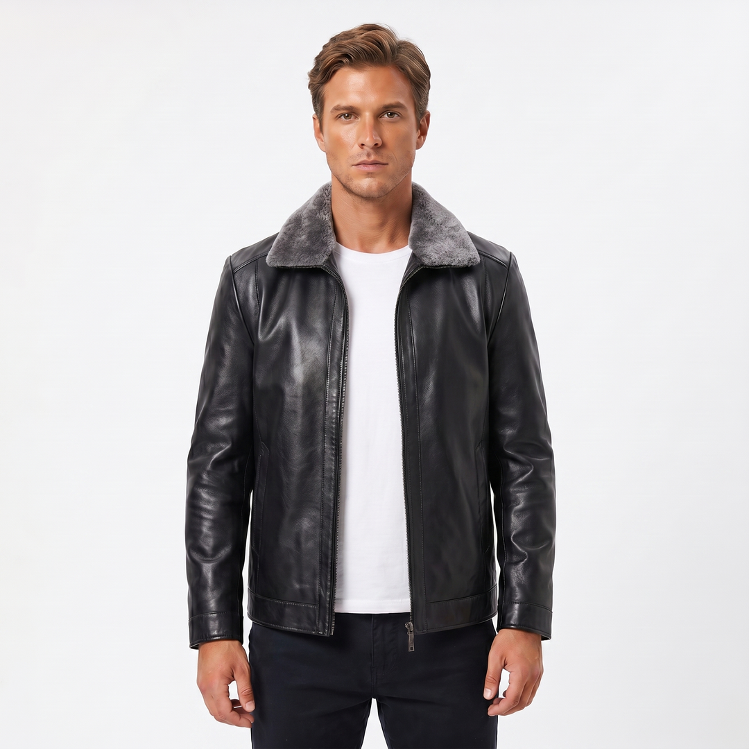 Men's Leather Jacket – Slim Fit Café Racer Band Collar Zip-Up