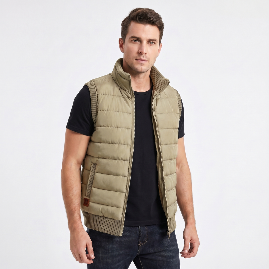 Men's Puffer Vest – Quilted Zip-Up Knit Trim Stand Collar
