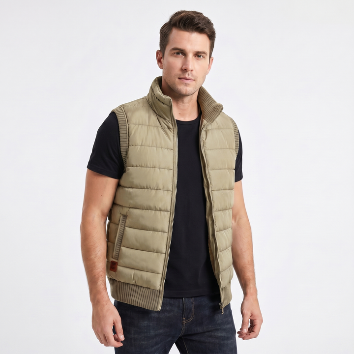 Men's Puffer Vest – Quilted Zip-Up Knit Trim Stand Collar
