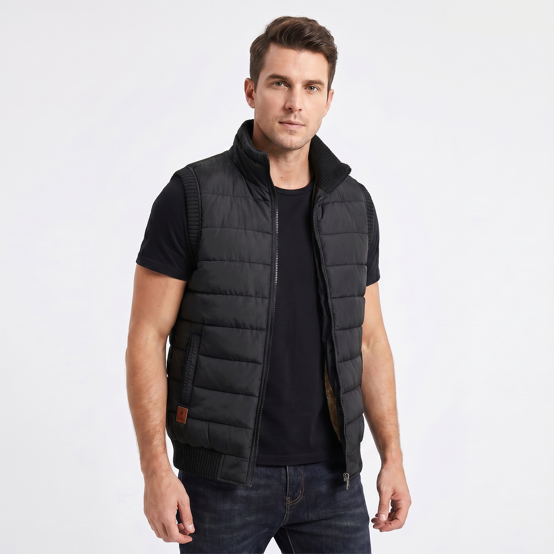 Men's Puffer Vest – Quilted Zip-Up Knit Trim Stand Collar