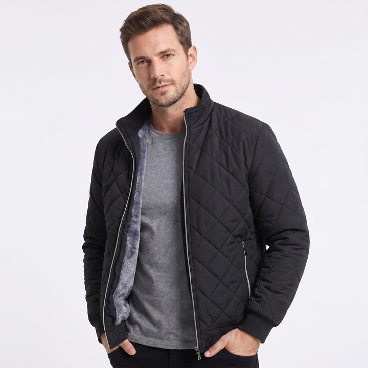 Men's Winter Jacket – Diamond Quilted Fleece Lined Stand Collar