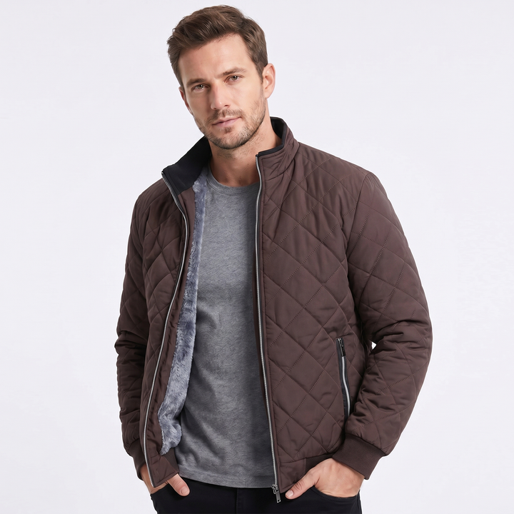 Men's Winter Jacket – Diamond Quilted Fleece Lined Stand Collar