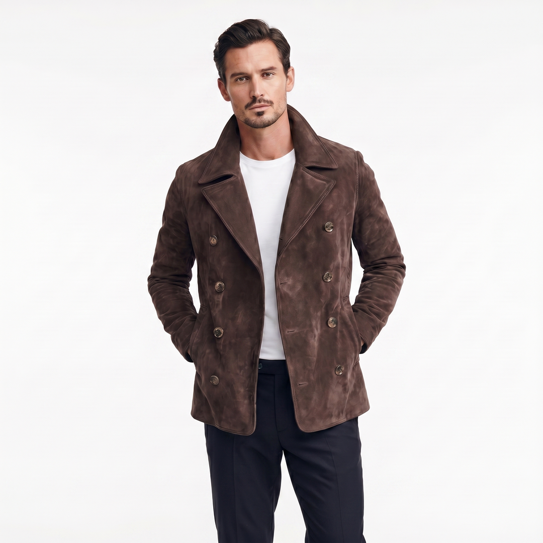 Men's Suede Peacoat – Double Breasted Notch Lapel Antique Button