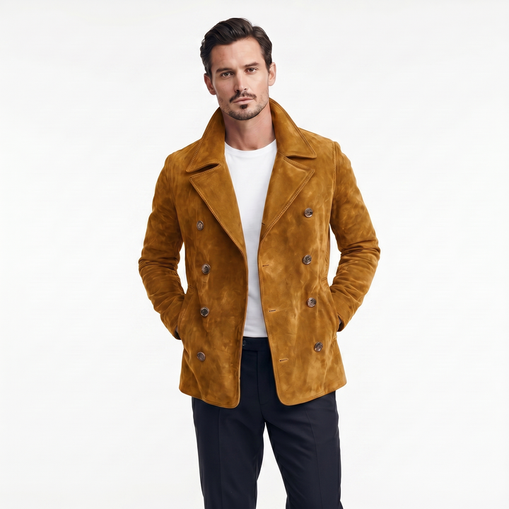 Men's Suede Peacoat – Double Breasted Notch Lapel Antique Button