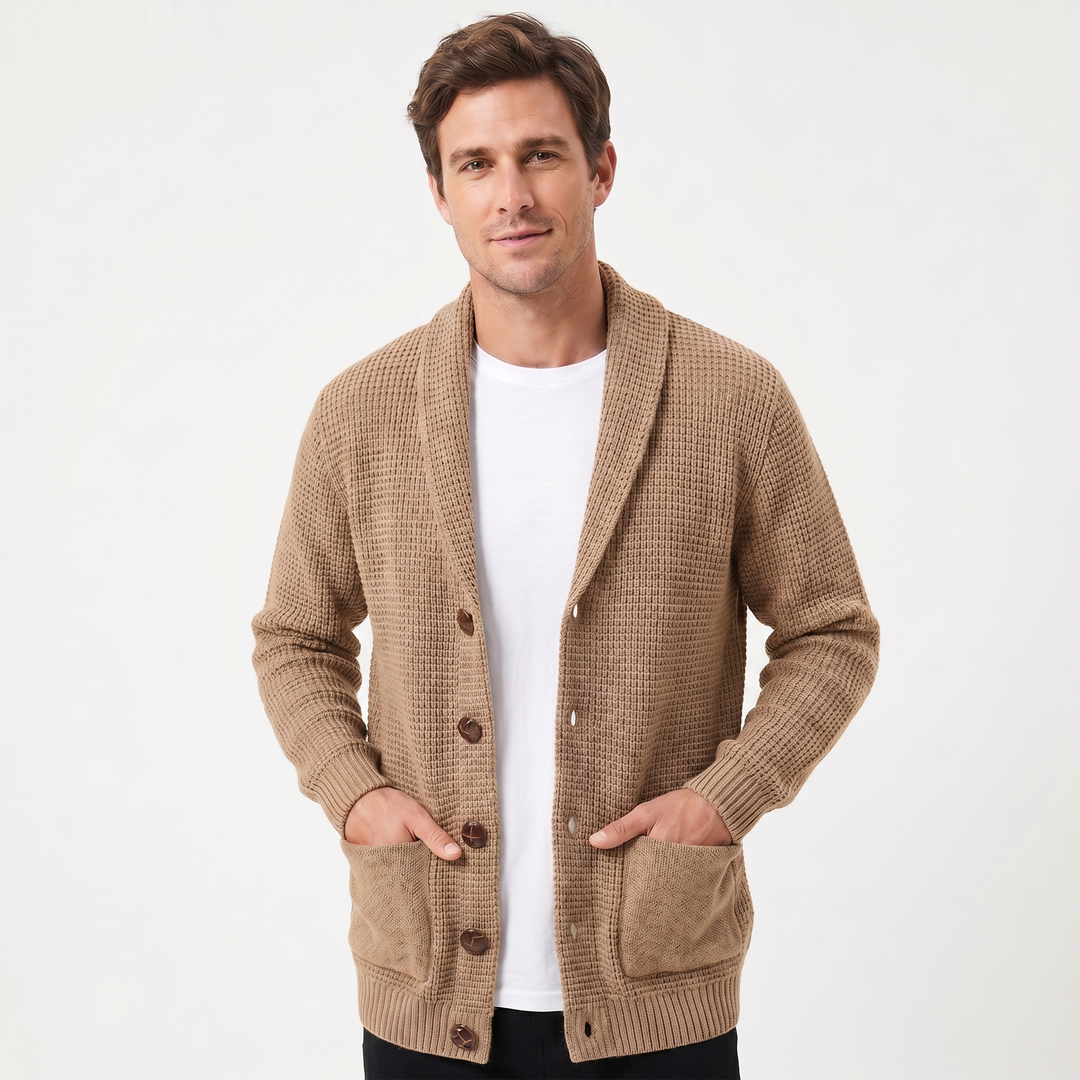 Men's Cardigan – Shawl Collar Waffle Knit Button-Through Patch Pocket