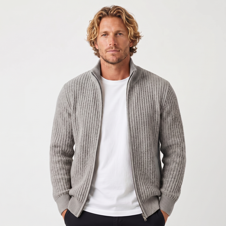 Men's Chunky Cardigan – Ribbed Zip-Up Funnel Neck Knit Jacket