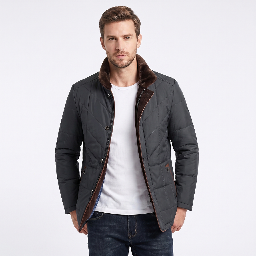 Men's Coat – Quilted Fur Collar Contrast Trim Button-Zip