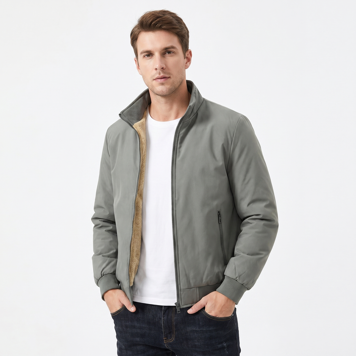 Men's Sherpa Lined Jacket – Smooth Shell Bomber Stand Collar Zip