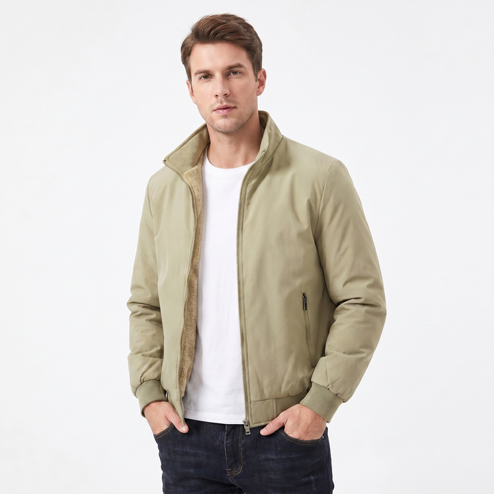 Men's Sherpa Lined Jacket – Smooth Shell Bomber Stand Collar Zip