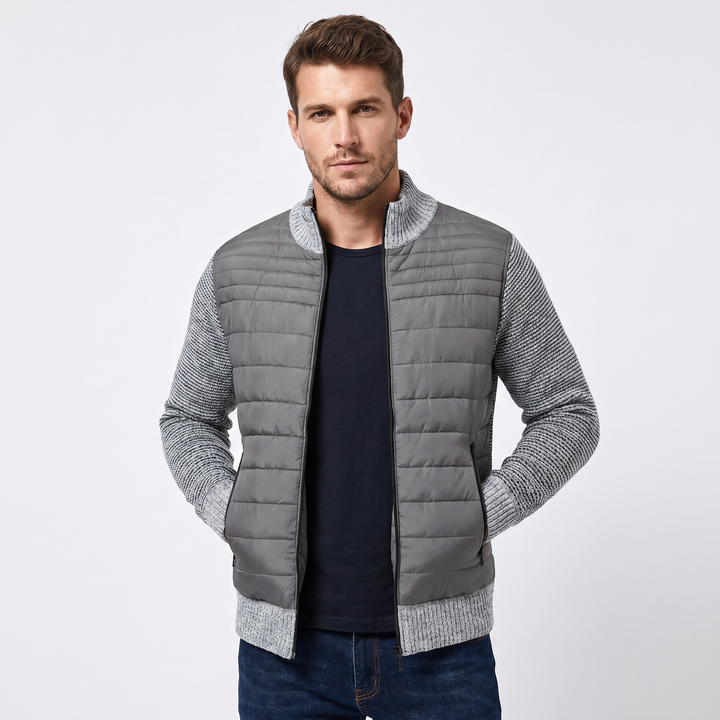 Men's Puffer Jacket – Quilted Body Contrast Knit Sleeve Zip-Up