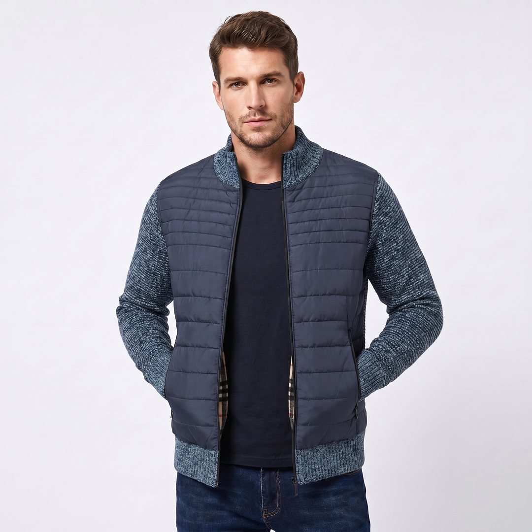 Men's Puffer Jacket – Quilted Body Contrast Knit Sleeve Zip-Up