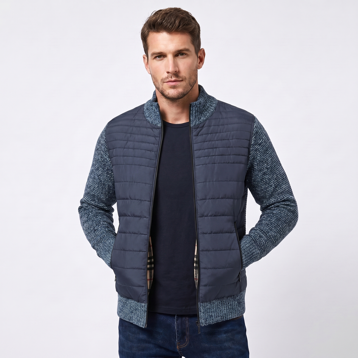Men's Puffer Jacket – Quilted Body Contrast Knit Sleeve Zip-Up