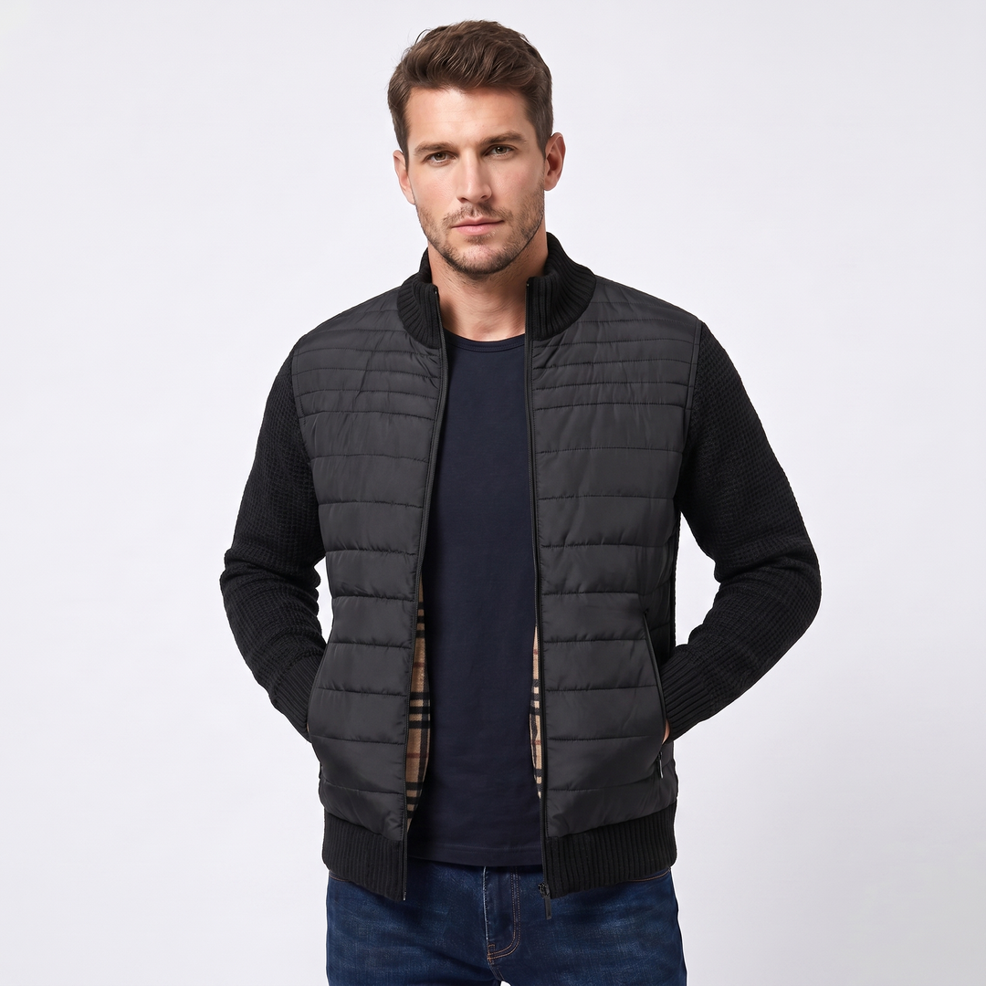 Men's Puffer Jacket – Quilted Body Contrast Knit Sleeve Zip-Up