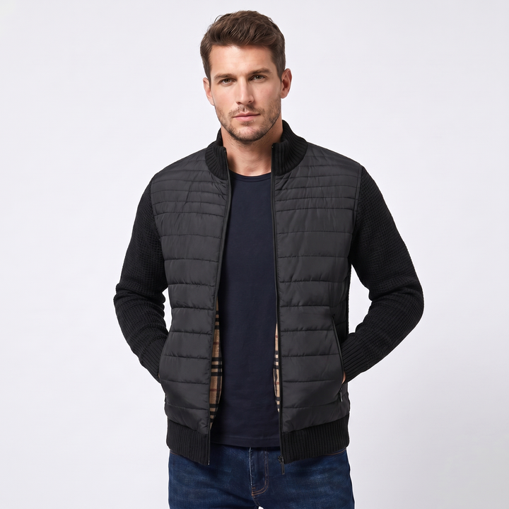 Men's Puffer Jacket – Quilted Body Contrast Knit Sleeve Zip-Up