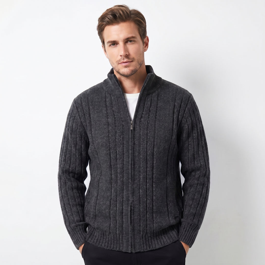 Men's Cable Knit Zip-Up Cardigan – Stand Collar Ribbed Hem