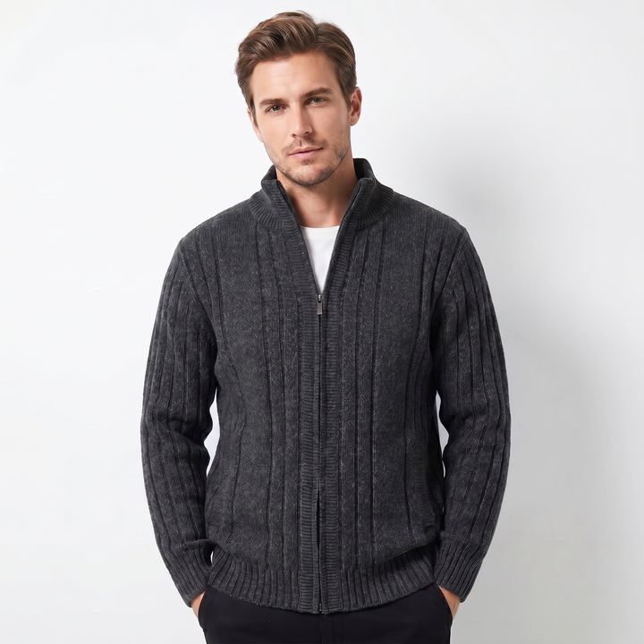 Men's Cable Knit Zip-Up Cardigan – Stand Collar Ribbed Hem