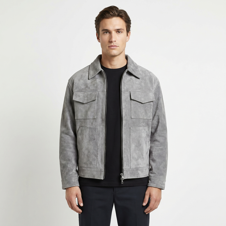 Men's Suede Jacket – Four-Pocket Zip-Up Point Collar Trucker