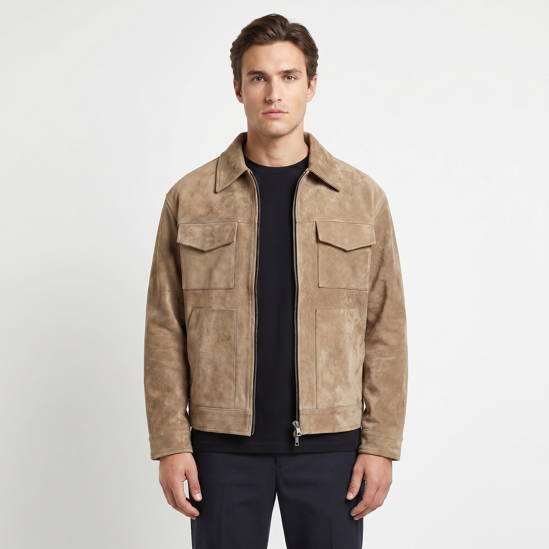 Men's Suede Jacket – Four-Pocket Zip-Up Point Collar Trucker