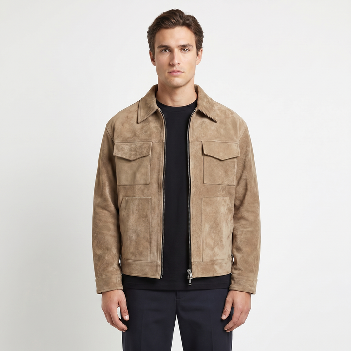Men's Suede Jacket – Four-Pocket Zip-Up Point Collar Trucker