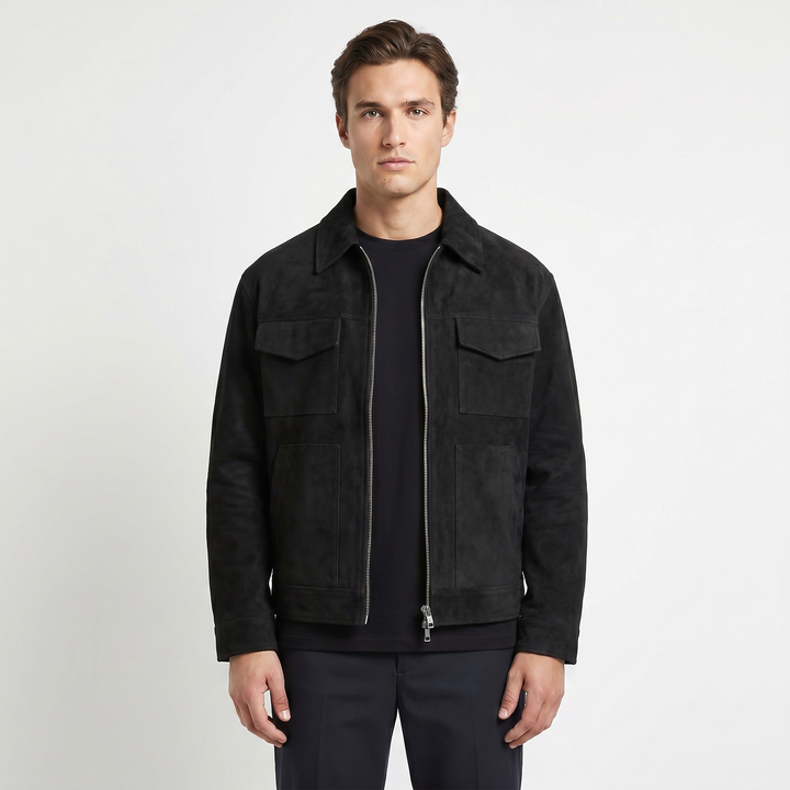 Men's Suede Jacket – Four-Pocket Zip-Up Point Collar Trucker