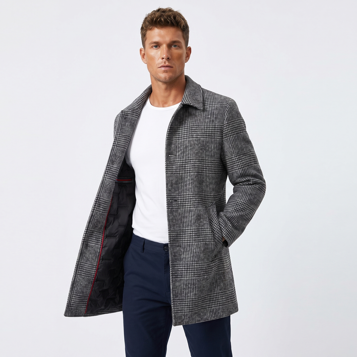 Men's Overcoat – Glen Plaid Single-Breasted Mid-Length Wool-Look