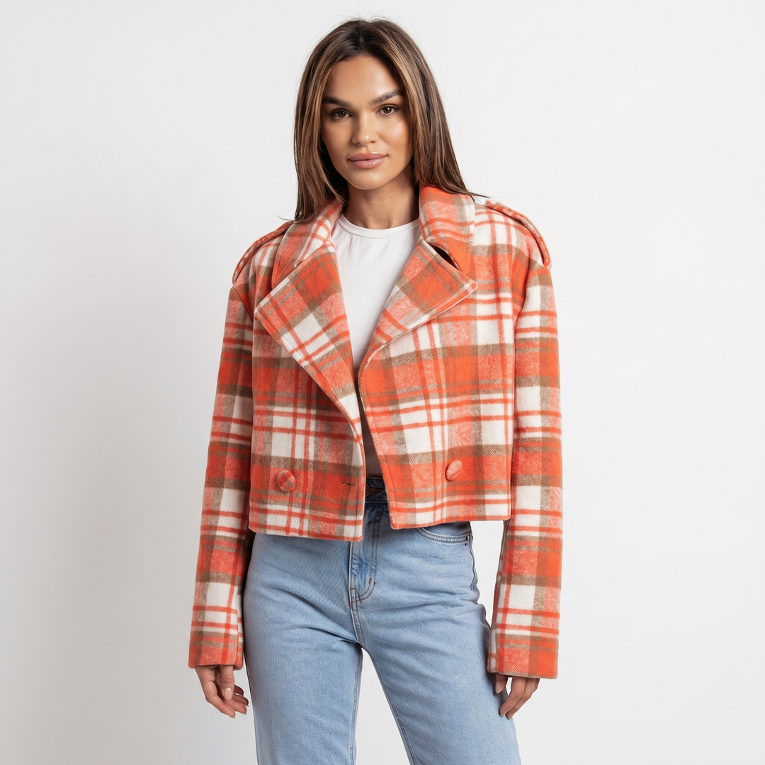 Women's Wool Cropped Jacket – Oversized Check Notch Lapel Boxy