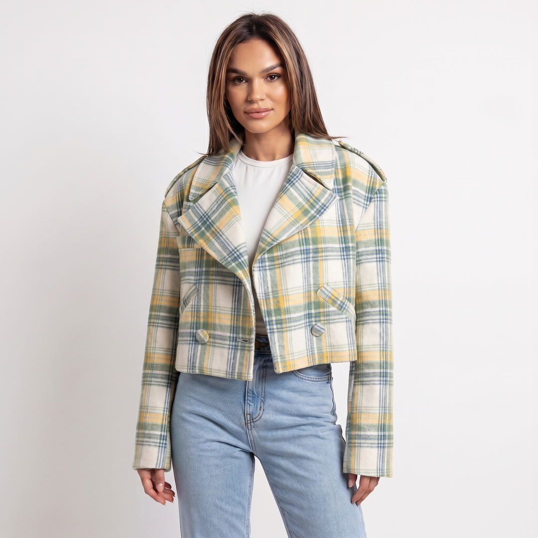 Women's Wool Cropped Jacket – Oversized Check Notch Lapel Boxy