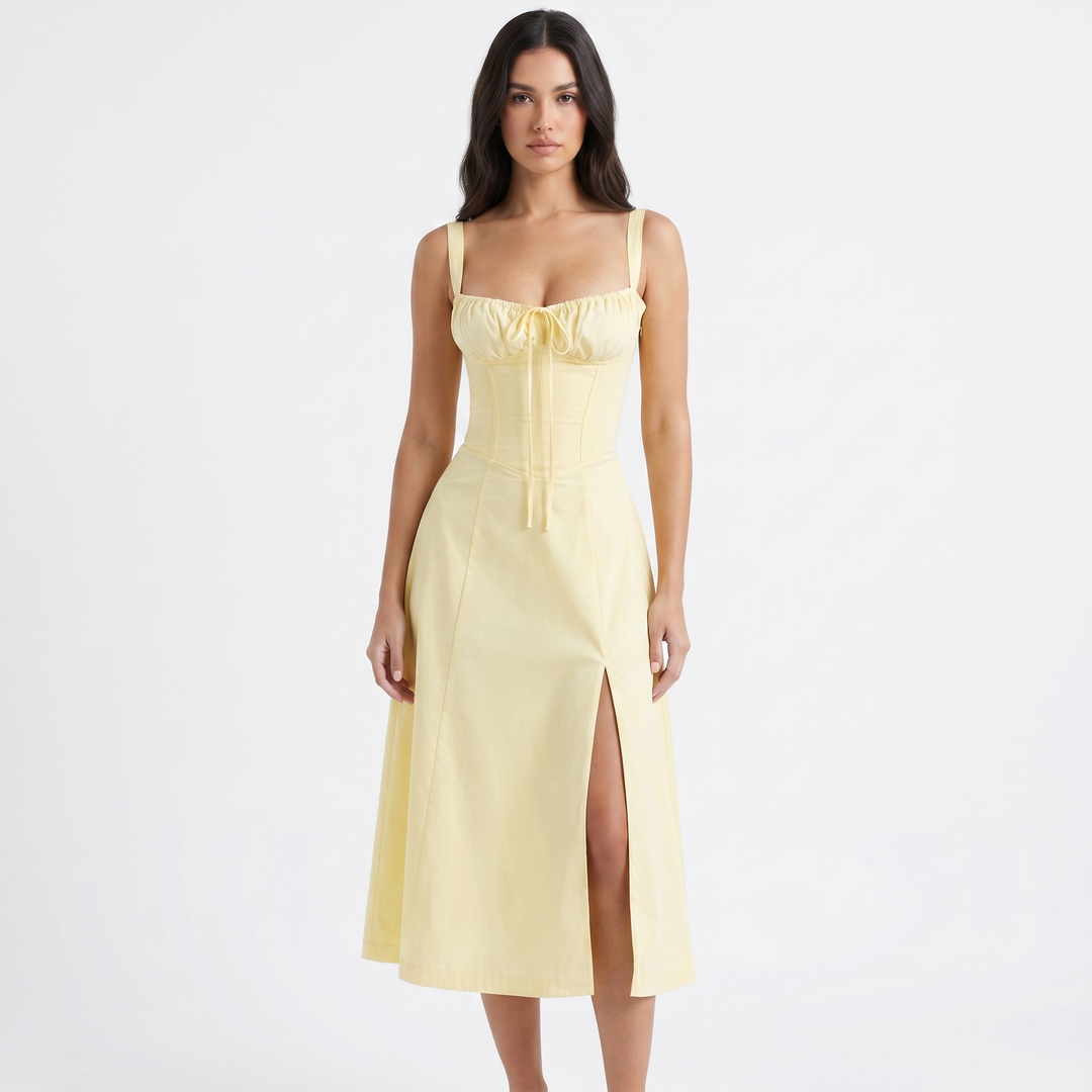 Women's Corset Midi Dress Bustier Bodice Front Split A Line Summer