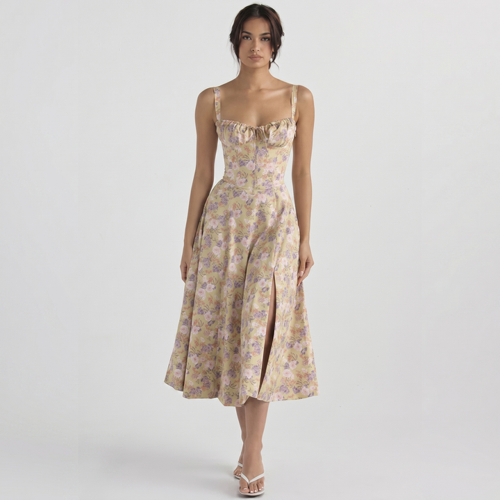 Women's Corset Midi Dress Bustier Bodice Front Split A Line Summer