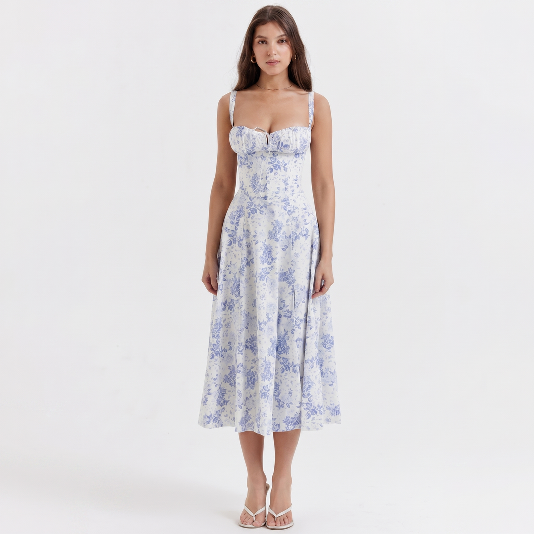 Women's Corset Midi Dress Bustier Bodice Front Split A Line Summer
