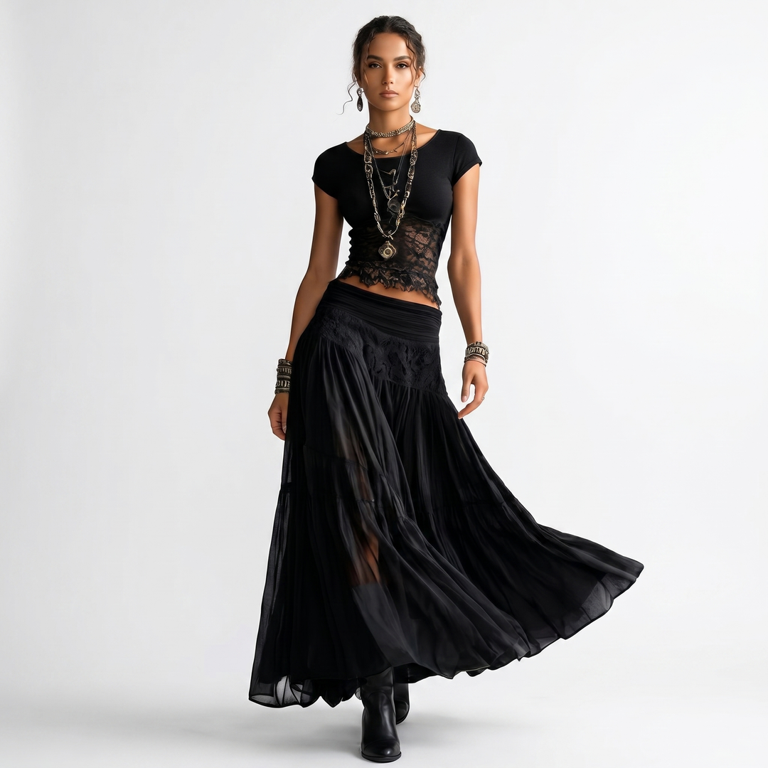Women's Two Piece Set Fitted Cap Sleeve Top Tiered Maxi Skirt Boho