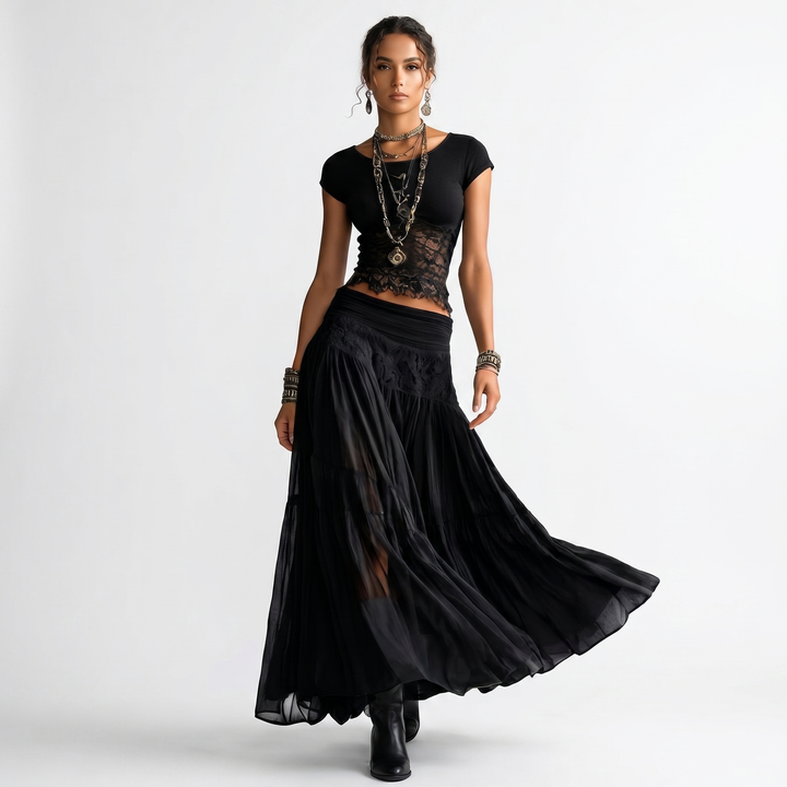 Women's Two Piece Set Fitted Cap Sleeve Top Tiered Maxi Skirt Boho